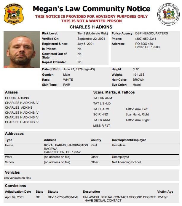 Homeless Sex Offender Notification Dover Delaware State Police