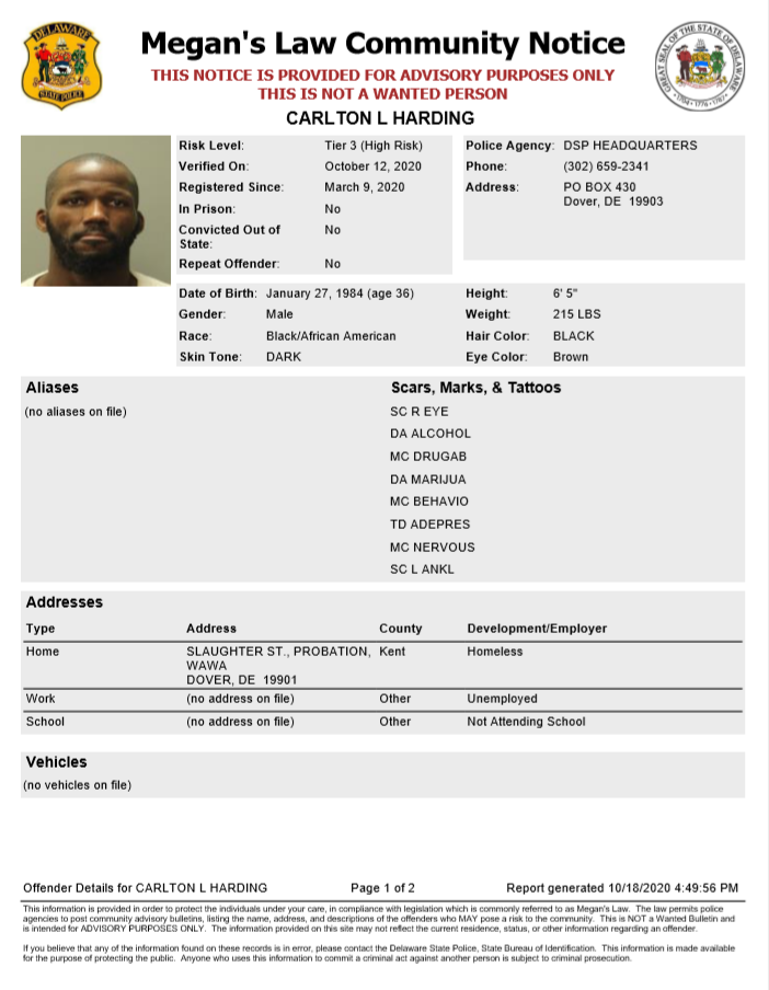 Homeless Sex Offender Notification Dover Delaware State Police 