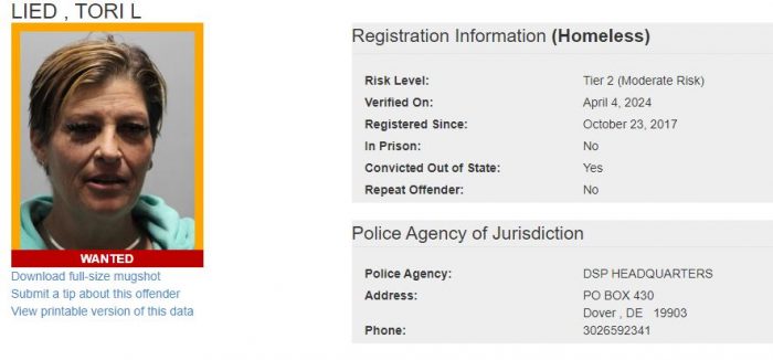 Tori Lied Sex Offender Registry - Wanted status