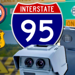 Graphic showing "I-95" interstate sign centered, Delaware Department of Transportation and Delaware State Police logos vertically on the left. Sample photos of speed camera equipment. State Route 896 exit sign in the background