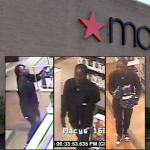 Google map screenshot of Macy's store name on the wall behind three surveillance photo screenshots of the suspect