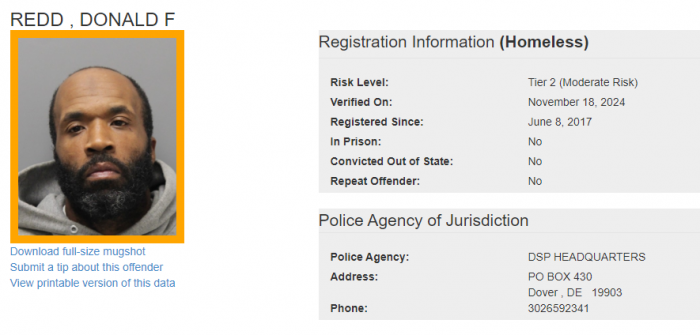 Donald Redd - Sex Offender Registry Status – Homeless