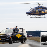 Color photo of a trooper with patrol Tahoe while a Bell helicopter hovers over. Bottom right corner is a black and white image with a similar look with the first helicopter acquired by DSP