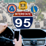Image of a driver distracted by handheld phone with traffic in the background. DelDOT, Delaware State Police, and Delaware Office of Highway Safety logo in the center on top with Interstate 95 sign behind