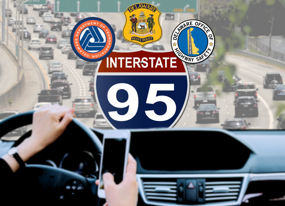 Image of a driver distracted by handheld phone with traffic in the background. DelDOT, Delaware State Police, and Delaware Office of Highway Safety logo in the center on top with Interstate 95 sign behind