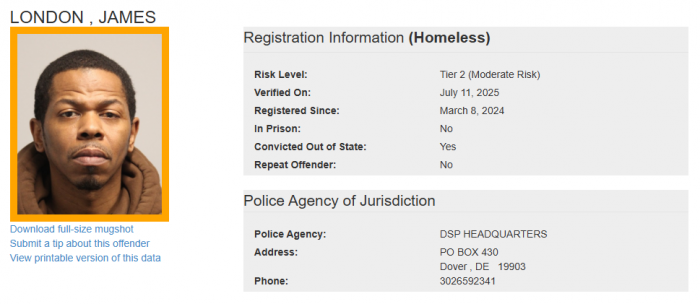 James London - - Sex Offender Registry Status – Homeless