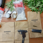 Photo of several items collected during the investigation including suspected methamphetamine, marijuana plants, a handgun, and various types of ammunition