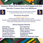 Flyer with information about Operation Troopers Have Your BACKpack with school supplies list to benefit Delaware youth