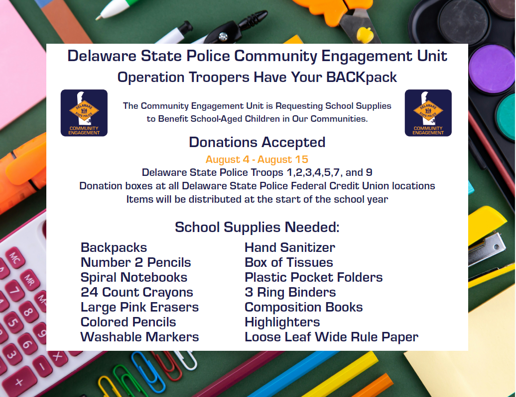 Flyer with information about Operation Troopers Have Your BACKpack with school supplies list to benefit Delaware youth