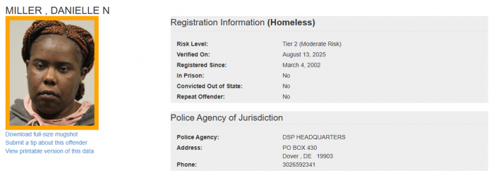 Danielle Miller - Sex Offender Registry Status – Homeless