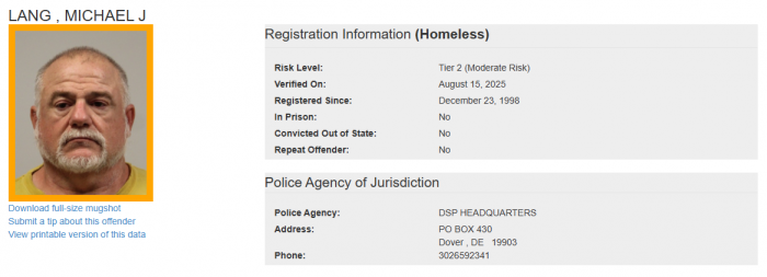 Michael Lang - - Sex Offender Registry Status – Homeless