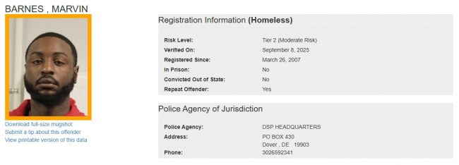 Marvin Barnes - Sex Offender Registry Status – Homeless