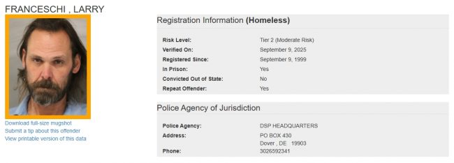 Larry Franceschi - Sex Offender Registry Status – Homeless