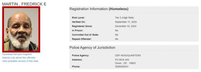 Frederick Martin - Sex Offender Registry Status – Homeless