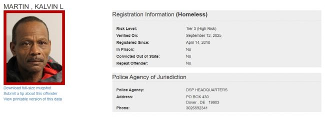 Kalvin Martin - Sex Offender Registry Status – Homeless