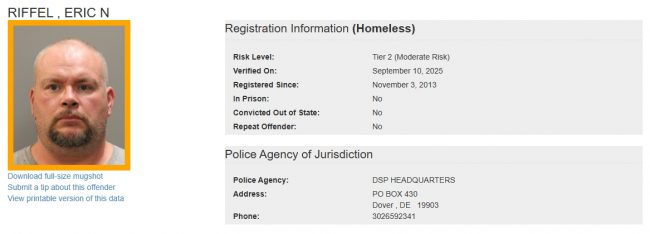 Eric Riffel - Sex Offender Registry Status – Homeless