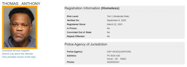 Anthony Thomas - Sex Offender Registry Status – Homeless