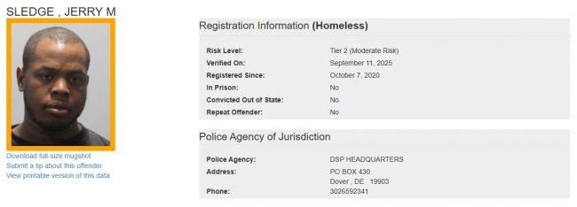 Jerry Sledge - Sex Offender Registry Status – Homeless