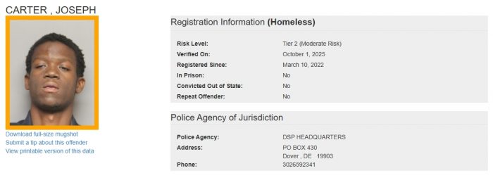 Joseph Carter - Sex Offender Registry Status – Homeless