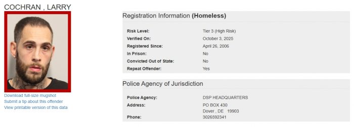 Larry Cochran - Sex Offender Registry Status – Homeless