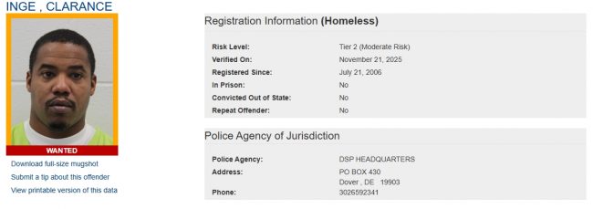 Clarance Inge - Sex Offender Registry Status – Homeless