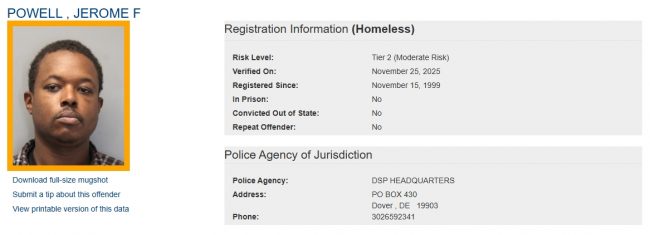 Jerome Powell - Sex Offender Registry Status – Homeless