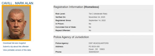 Mark Cavill - Sex Offender Registry Status – Homeless