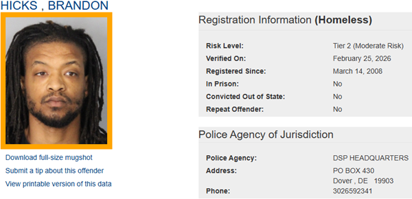 A screenshot of the sex offender registry page for Homeless Tier 2 Offender Brandon Hicks