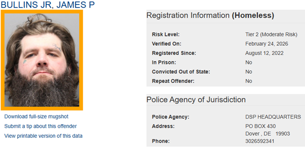 A screenshot of the sex offender registry page for Tier 2 Homeless Offender James Bullins