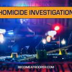 Graphic titled “Homicide Investigation” showing a Delaware State Police detective and trooper at a staged crime scene with police vehicles and yellow crime scene tape overlaying the image. A silhouette map of Delaware appears on the left, the text “BecomeATrooper.com” on the bottom center, and social media icons are shown at the bottom right corner.