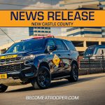 Graphic titled “News Release New Castle County” featuring a Delaware State Police Chevrolet Tahoe parked with Wilmington skyline and train station in the background. A silhouette map of Delaware appears on the left with New Castle County highlighted in blue, the text “BecomeATrooper.com” on the bottom center, and social media icons are shown at the bottom right corner.