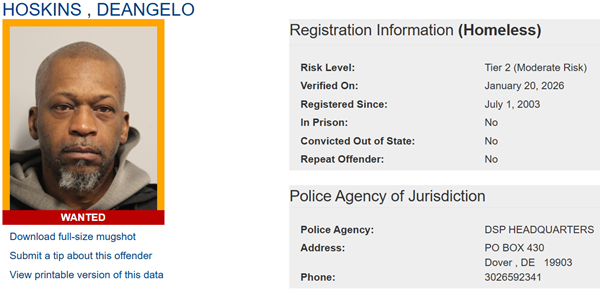 Sex Offender Profile for Deangelo Hoskins - Link to Sex Offender Registry