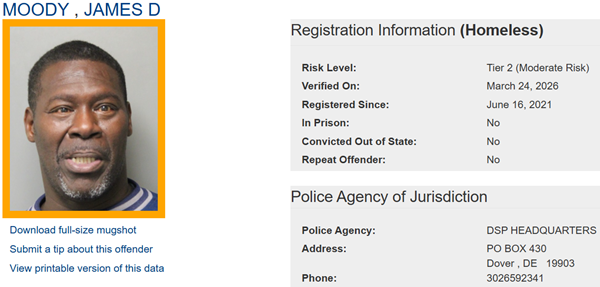 Screenshot of James Moody's Sex Offender Profile with link to website