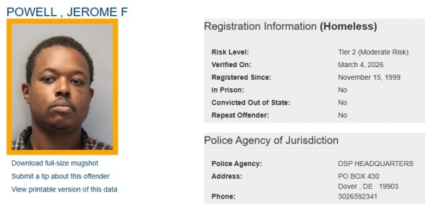 A screenshot of the sex offender registry page for Tier 2 Homeless Offender Jerome Powell