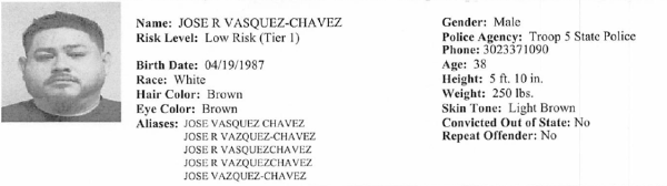 Mugshot of wanted Sex Offender Jose Vasquez-Chavez with registration info showing Tier 1 low risk. 