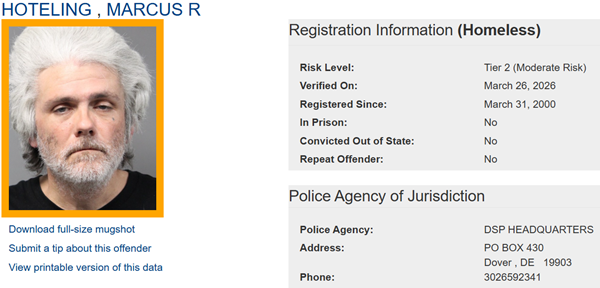 Screenshot of Marcus Hoteling's Sex Offender profile with link to website.