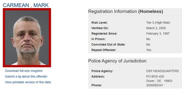 A screenshot of the sex offender registry page for Tier 3 Homeless Offender Mark Carmean