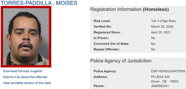 Screenshot of Moises Torres-Paddilla's Sex Offender Profile with link to website