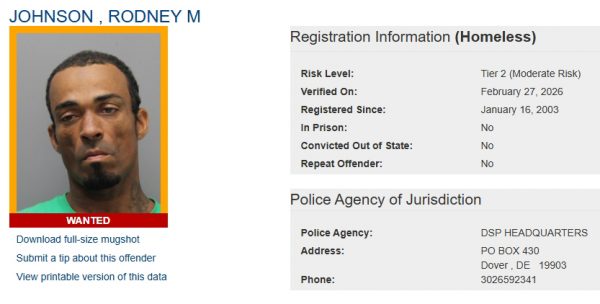 A screenshot of the sex offender registry page for Tier 2 Homeless Offender Rodney Johnson