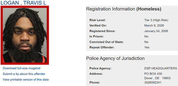 Screenshot of Travis Logan's Sex Offender Profile with link to website
