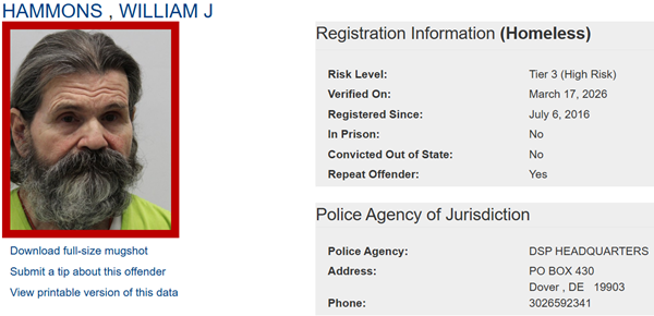 A screenshot of the sex offender registry page for Tier 3 Homeless Offender William Hammons
