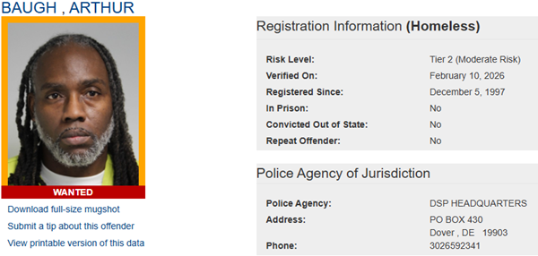Screenshot of Sex Offender Registry Profile for Arthur Baugh
