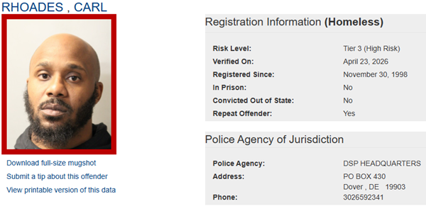 Screenshot of Sex Offender Profile for Carl Rhoades which links to Sex Offender Registry website.