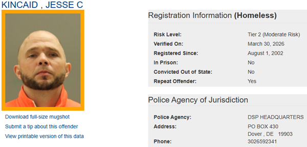 Screenshot of the Sex Offender Profile for Jesse Kincaid