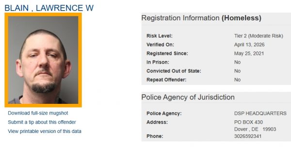 Lawrence Blain - Sex Offender Status - Homeless