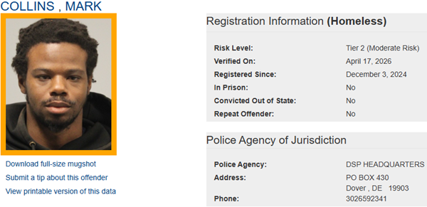 Screenshot of Sex Offender Profile for Mark Collins which links to Sex Offender Registry