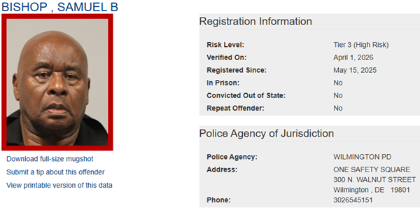 Screenshot of the Sex Offender Profile for Samuel Bishop