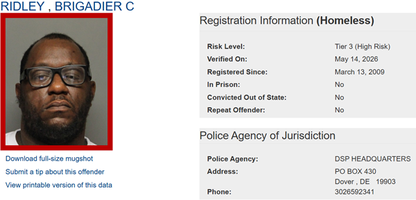 Screenshot of Homeless Sex Offender Registry Profile for Brigadier Ridley