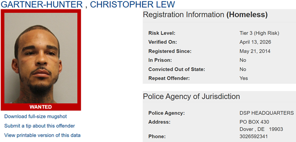 Screenshot of Wanted Sex Offender Registry Profile for Christopher Gartner-Hunter