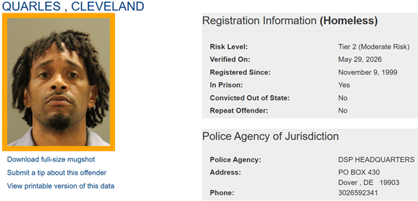 Screenshot of Homeless Sex Offender Registry Profile for Cleveland Quarles